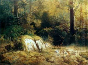 Forest landscape with a deer by Feliks Brzozowski