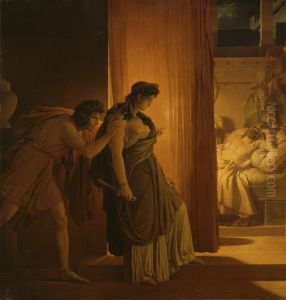 Clytemnestra hesitates before killing the sleeping Agamemnon.