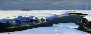 Winter landscape with a river by Julian Falat
