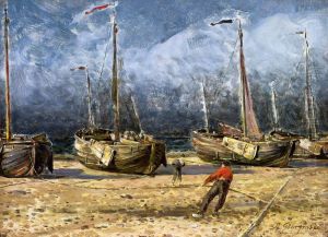 Fishing boats at the shore. by Aleksander Gierymski