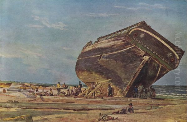Et stort skib under kalfatring ved Frederikshavn - view 1