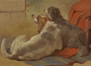 A Hound and a Bearded Collie seated on a Hunting Coat by John Frederick Herring, Sr.