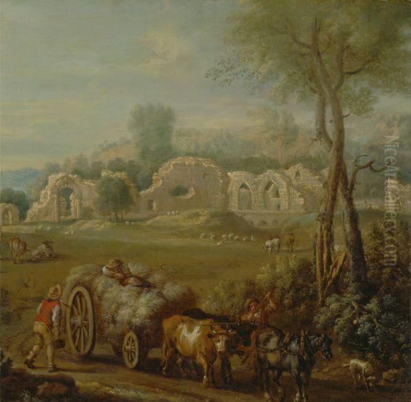 Haycart passing a ruined abbey - view 1
