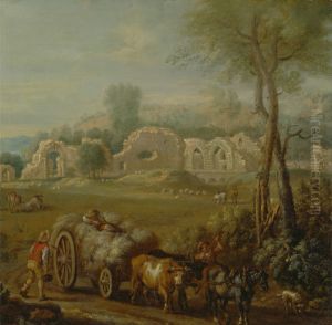 Haycart passing a ruined abbey