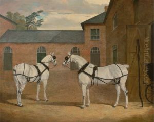 Grey carriage horses in the coachyard at Putteridge Bury, Hertfordshire by John Frederick Herring, Sr.