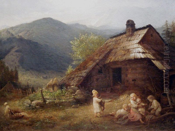 Children in front of a mountain Cottage - view 1