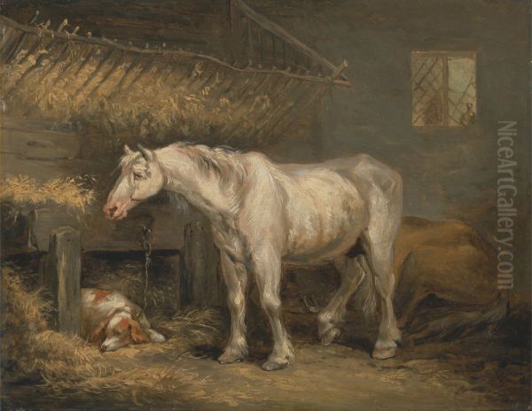 Old horses with a dog in a stable - view 1