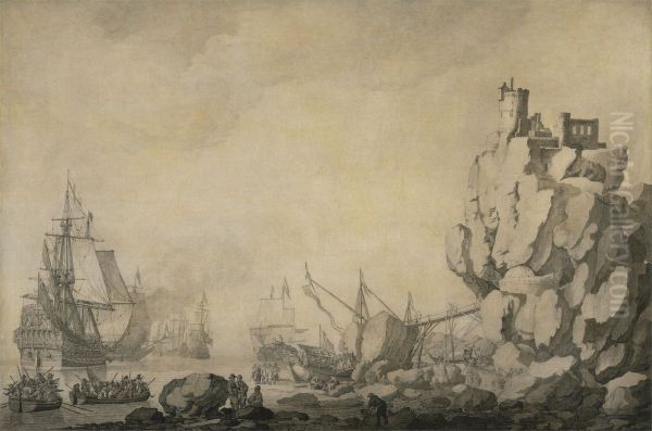 Ships and Militia by a Rocky Shore - view 1