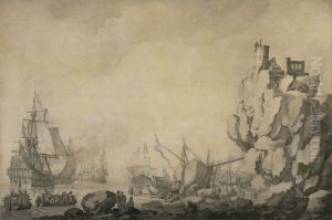 Ships and Militia by a Rocky Shore by Willem van de, the Elder Velde