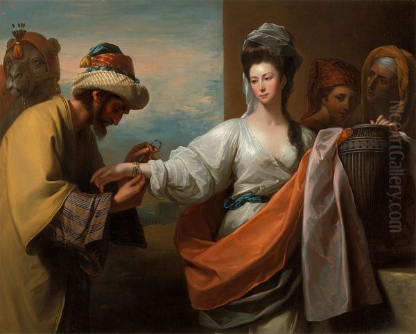 Isaac's servant tying the bracelet on Rebecca's arm - view 1