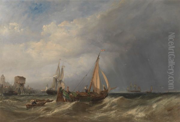 A Dutch Barge and Merchantmen Running out of Rotterdam - view 1