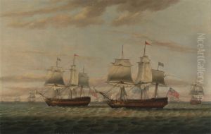An Indiaman and a Two Decker Hove to, Said to be Thomas Dumar, Esq. in H.M. Ship 'Portland' Delivering the Leeward Island Convoy, in 1776 by Thomas Luny