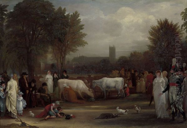 Milkmaids in St. James's Park, Westminster Abbey Beyond - view 1
