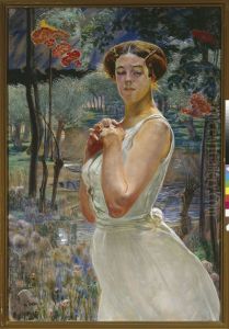 Portrait of a woman against a rowanberry grove