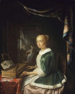 Young woman playing a clavichord by Gerrit Dou