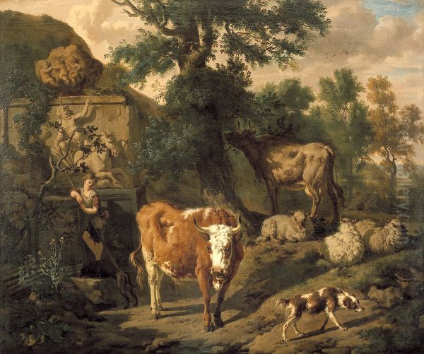 Landschap met herder en vee nabij graftombe - view 1