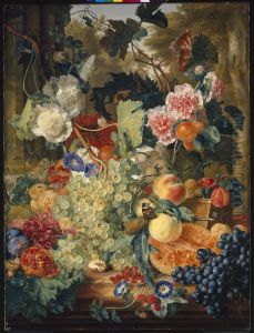 Still life of flowers and fruit on a marble slab by Jan Van Huysum