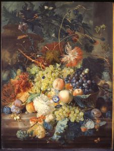 Still life of fruit and flowers on a marble ledge by Jan Van Huysum