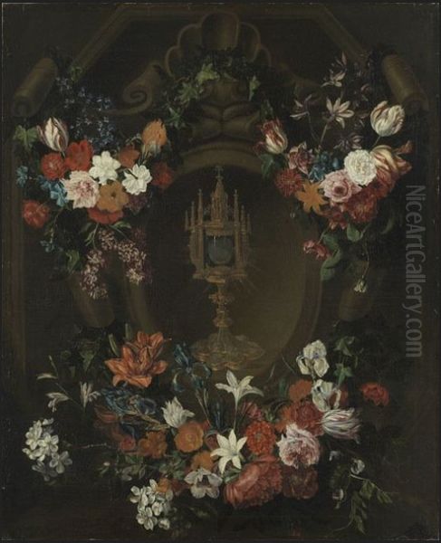 Flower garland around a monstrance - view 1