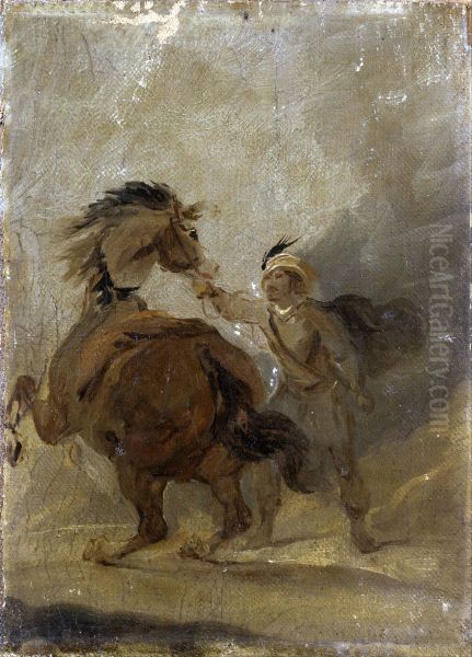A Man holding a Horse - view 1