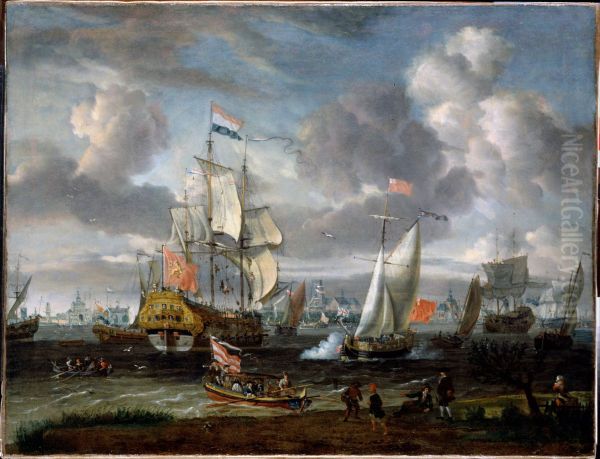 An English Yacht saluting a Dutch Man-of-War in the port of Rotterdam - view 1