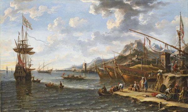 A Mediterranean Harbour With Turks And Orientals Bringing Goods Ashore, Three Galleys And A Man-o'-war At Anchor - view 1