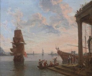 A Capriccio Of A Mediterranean Harbour With Elegant Figures Disembarking, Shipping Beyond A Capriccio Of A Mediterranean Harbour With Elegant Figures Disembarking, Shipping Beyond