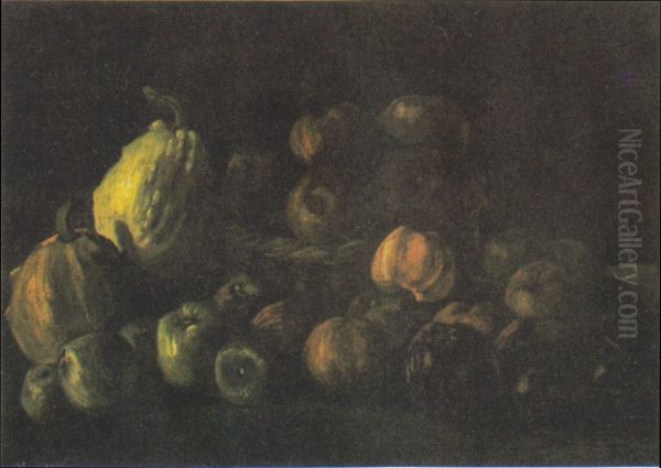 Still life with apple-basket, and two pumpkins - view 1