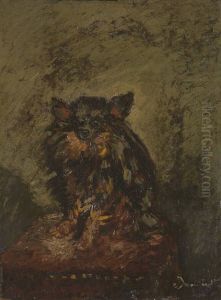 Hond op stoel by Adolphe Joseph Thomas Monticelli
