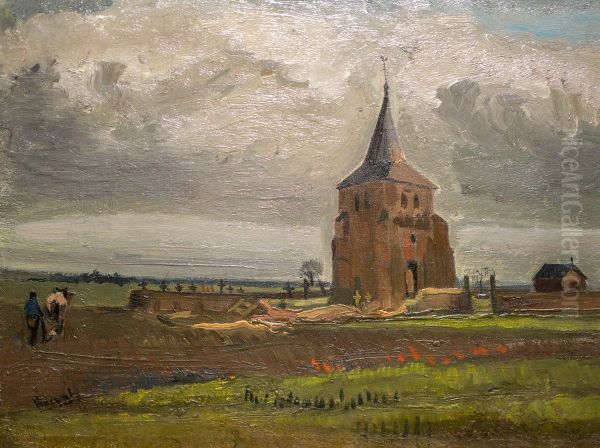 The old cemetery-tower in Nuenen with plowing farmers - view 1