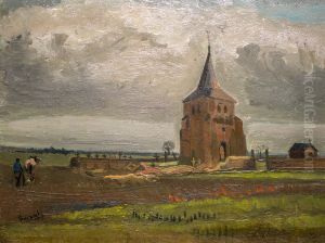 The old cemetery-tower in Nuenen with plowing farmers by Vincent Van Gogh