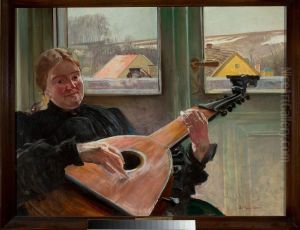 Portrait of artist's sister Helene with lute by Jacek Malczewski