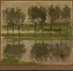 Row of eight young willows reflected in the water by Piet Mondrian