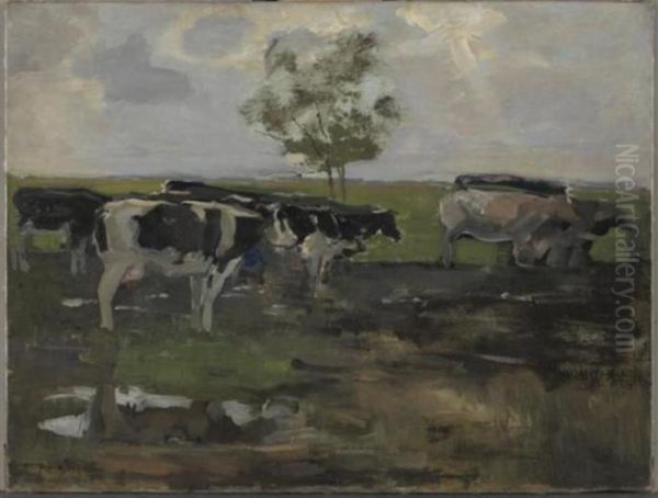 Cows in a meadow with tree - view 1