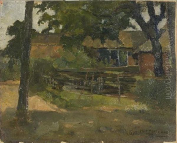 Farmstead in Het Gooi, viewed between trees and over fence - view 1