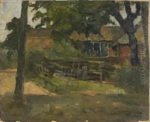 Farmstead in Het Gooi, viewed between trees and over fence
