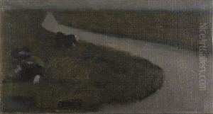 Polder landscape with irrigation ditch and two cows by Piet Mondrian