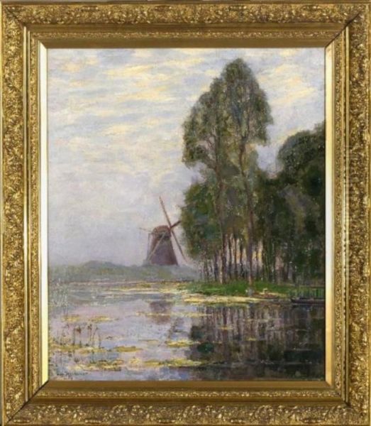 Mill near tall trees with bright color reflections - view 1