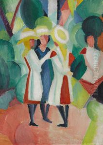 Three girls in yellow straw hats I by August Macke