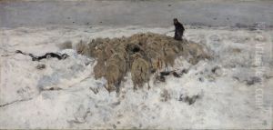 Flock of sheep with shepherd in the snow