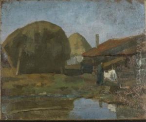 Boerderij met boerin aan de was by Piet Mondrian