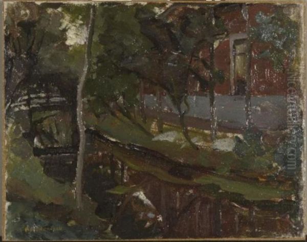 Curved canal with farm building at right - view 1