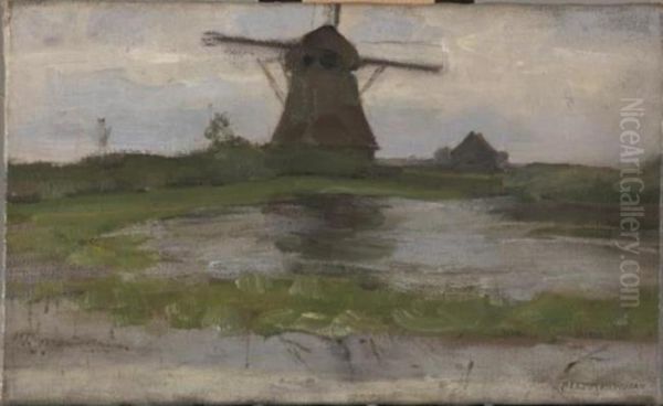 Oostzijdse mill viewed from downstream with mill at center - view 1