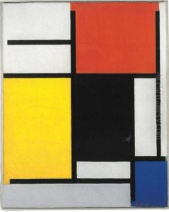 Compositie met rood, geel, zwart, blauw en grijs