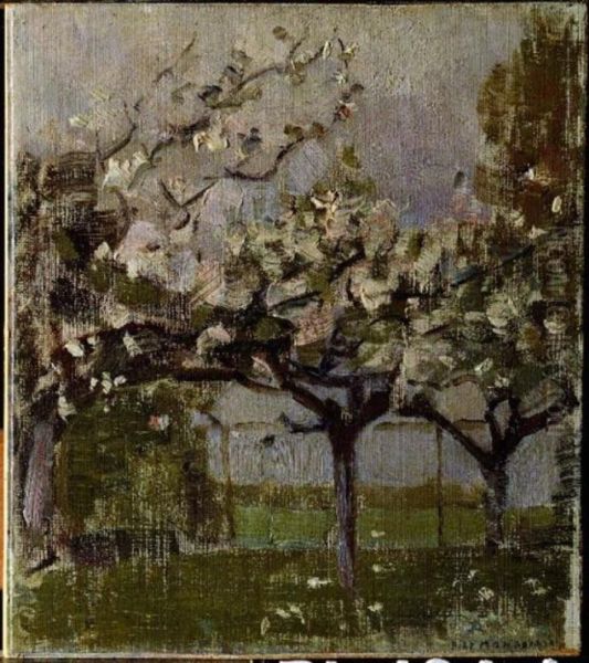 Blossoming trees before a haystack - view 1