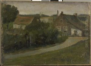 Landweg met huizen by Piet Mondrian
