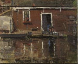 House facade on the water with woman washing by Piet Mondrian