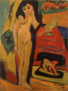 Nacktes Madchen hinter Vorhang (Franzi) by Ernst Ludwig Kirchner