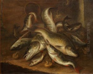Visstilleven met zoetwatervissen, tenen fuik en visnet by Jacob Gillig