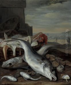 Visstilleven met aangesneden zeevis en oesters; rechts op de achtergrond de zee en het strand met visser, dame en heer by Jacob Gillig